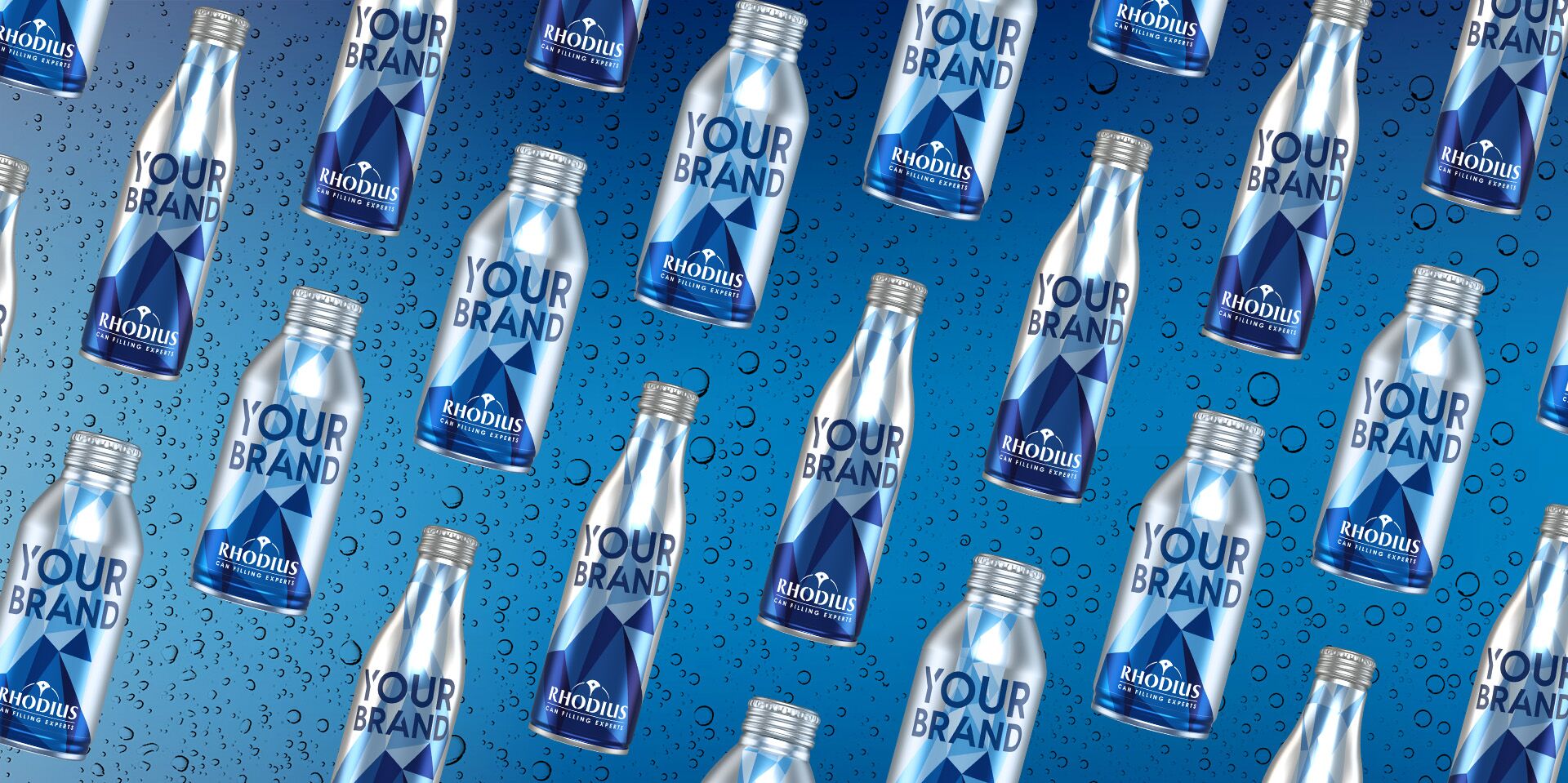 Mock-up of several aluminium bottles with RHODIUS printing.