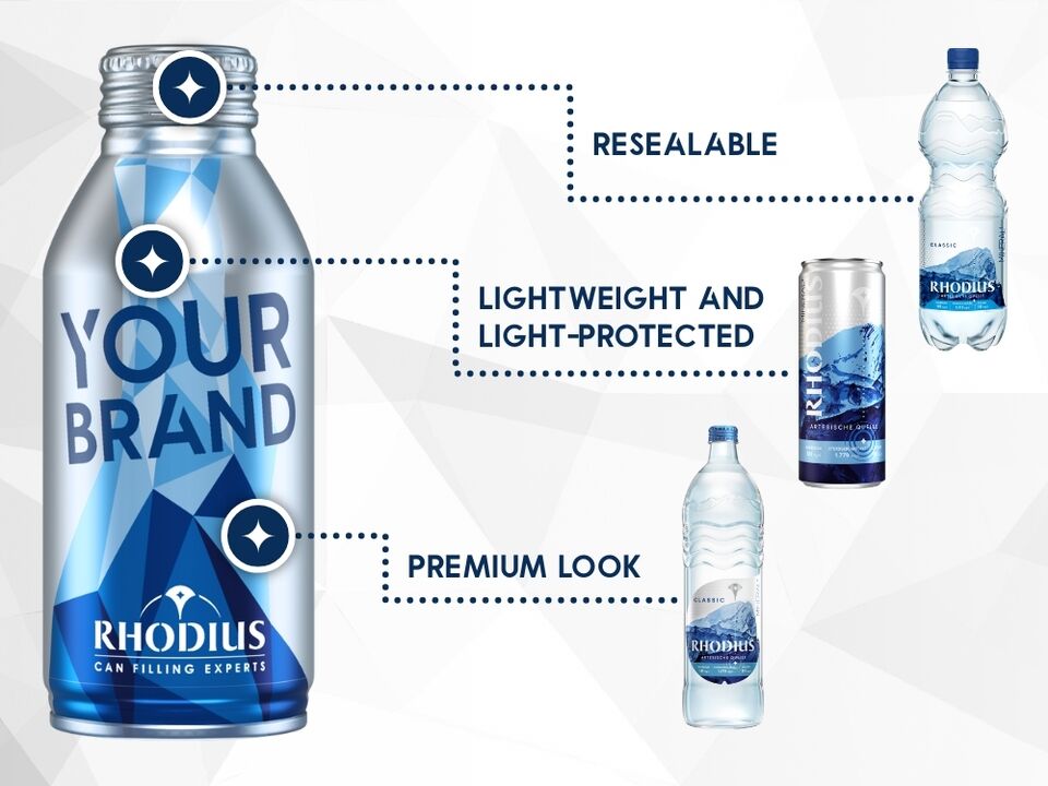 A graphic representation showing that the aluminium bottle is the perfect symbiosis of a can, PET and glass bottle.